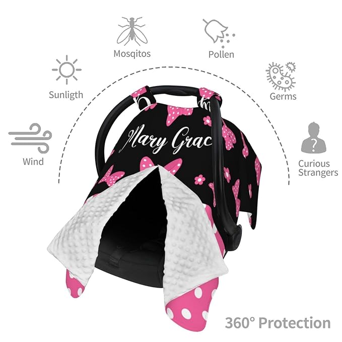 Personalized Baby Car Seat Canopy with Name, Pink Bow Nursing Cover & Infant Car Seat Canopy, Shower Gift for Newborn Baby Girls