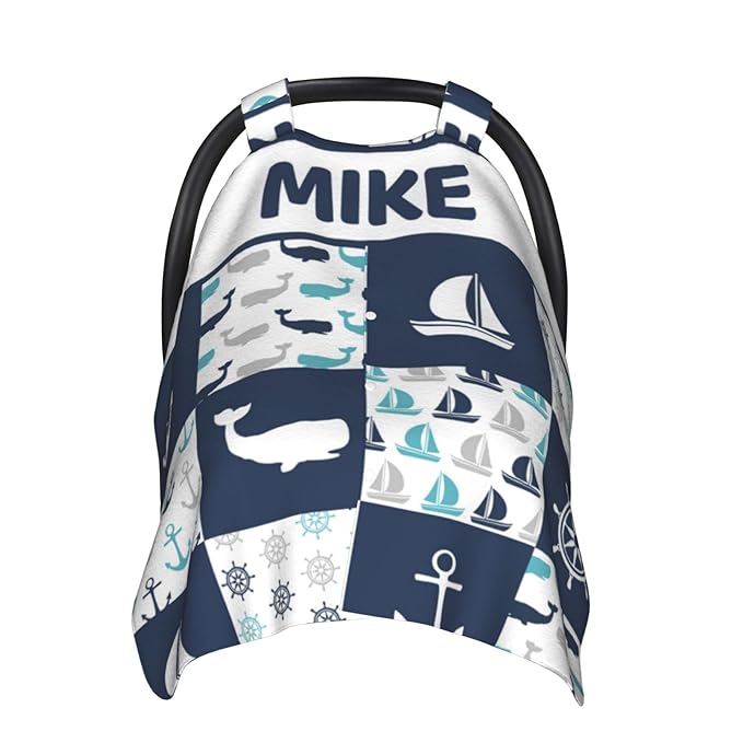 Personalized Baby Car Seat Canopy for Babies with Name, Custom Sailing and Anchor Car Seat Covers for Boys Girls, Opening Minky Nursing Breastfeeding Stroller Cover Carseat Canopies for Infant Newborn