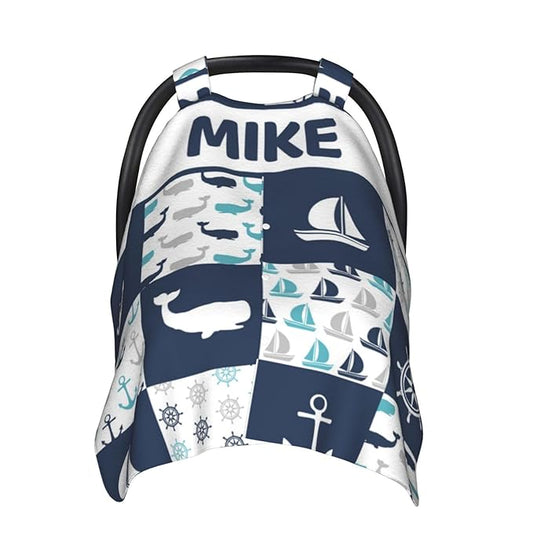 Personalized Baby Car Seat Canopy for Babies with Name, Custom Sailing and Anchor Car Seat Covers for Boys Girls, Opening Minky Nursing Breastfeeding Stroller Cover Carseat Canopies for Infant Newborn
