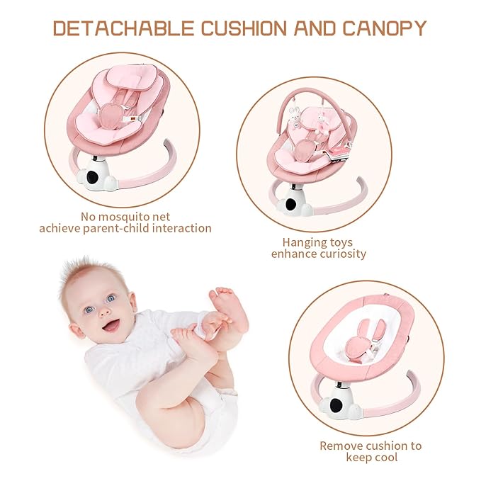 Uuoeebb Baby Swing for Infants, Portable Electric Baby Swings with Bluetooth, 5 Swing Speed, 10 Lullabies, 5-Point Harness, Remote Control & Touch Panel - Infant Swing for Indoor & Outdoor Use, Pink