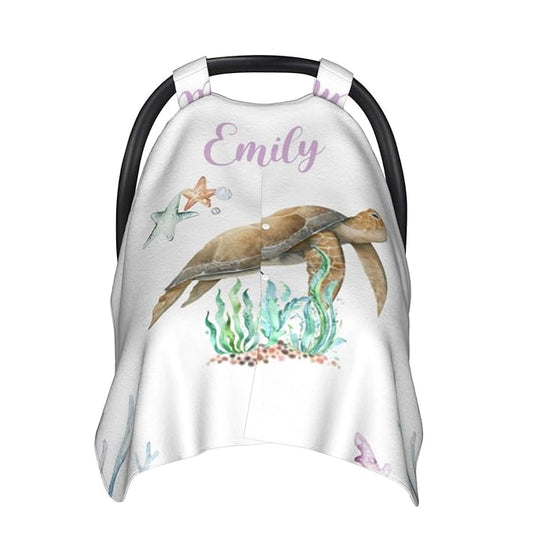Personalized Baby Car Seat Canopy for Babies, Custom Name Car Seat Covers for Baby Girls, Sea Turtle Opening Minky Nursing Breastfeeding Cover for Infant, Carseat Canopies for Newborn