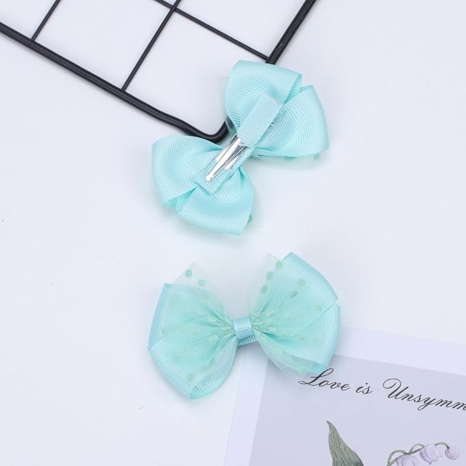 Tiny 3 Inch Dot Organza Double Hair Bow Clips - Cute Lined Boutique Alligator Hairpin for Girls, Toddlers, and Little Teens - Kids Barrettes Set of 2 Small Stylish (Green)