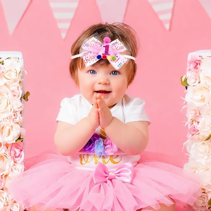 Birthday Hair Bow for Baby Girls 1 2 3 4 5 6 Years Sprinkle Decorations Party Hair Accessories Headband for First 1st Birthday Confetti Ice Cream