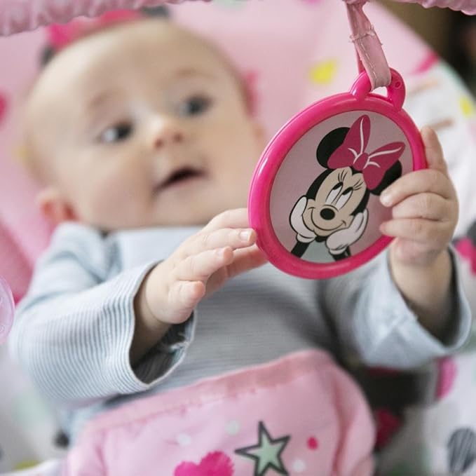 Bright Starts Disney Baby Minnie Mouse Baby Bouncer Soothing Vibrations Plush Infant Seat - Removable Toy Bar, Nonslip Feet, 0-6 Months Up to 20 lbs (Spotty Dotty)