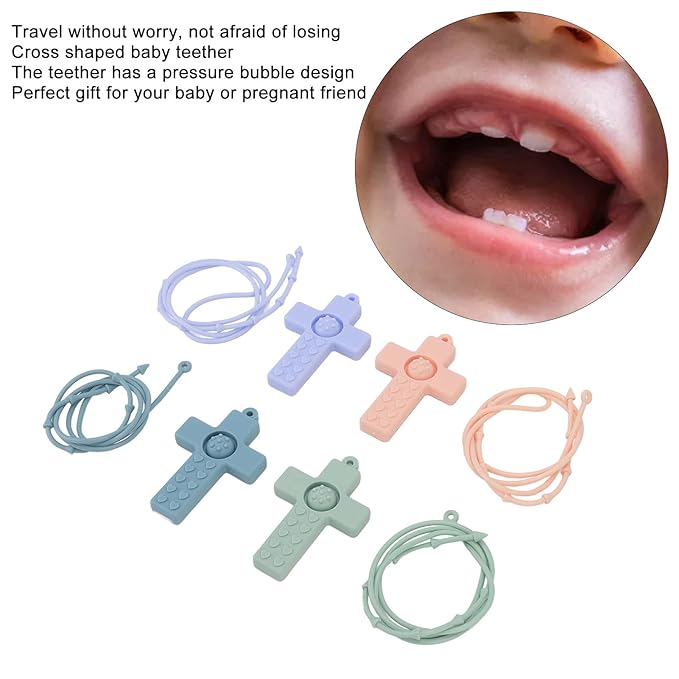 4PCS Baby Teething Toys, Cross Shape Teethers with Silicone Lanyard, Colorful Infant Chew Toys for Newborn Infant