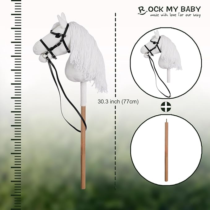 ROCK MY BABY Hobby Horse with a Detachable Bridle Plush Handmade Stick Horse with Removable Rosette Ribbon for Kids 3+ Years Old (White)
