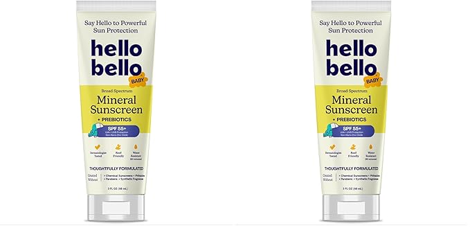 Hello Bello Mineral SPF 55+ Sunscreen Lotion with Prebiotics I Water Resistant and Reef Friendly Sun Protection for Babies and Kids I 3 fl oz (Pack of 2)