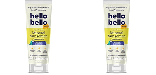 Hello Bello Mineral SPF 55+ Sunscreen Lotion with Prebiotics I Water Resistant and Reef Friendly Sun Protection for Babies and Kids I 3 fl oz (Pack of 2)