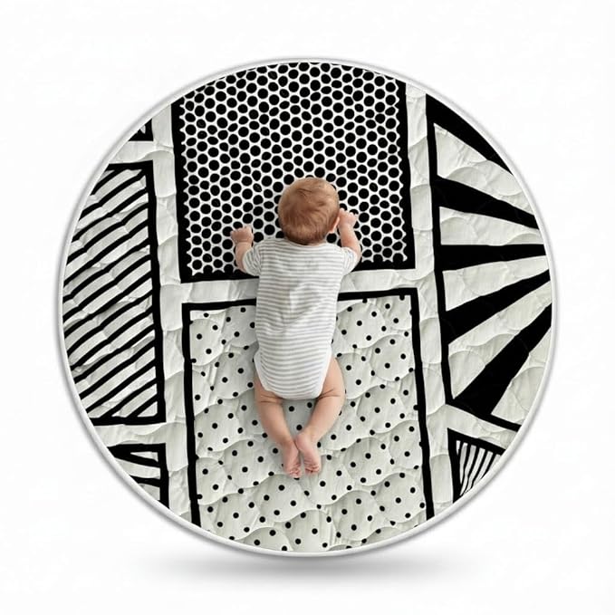 Byrd & Blume Round Baby Play Mat, Reversible Quilted Organic Cotton, High Contrast Black & White Play Mat, Soft Non Toxic Nursery Rug, Foldable Portable, 40 Inch