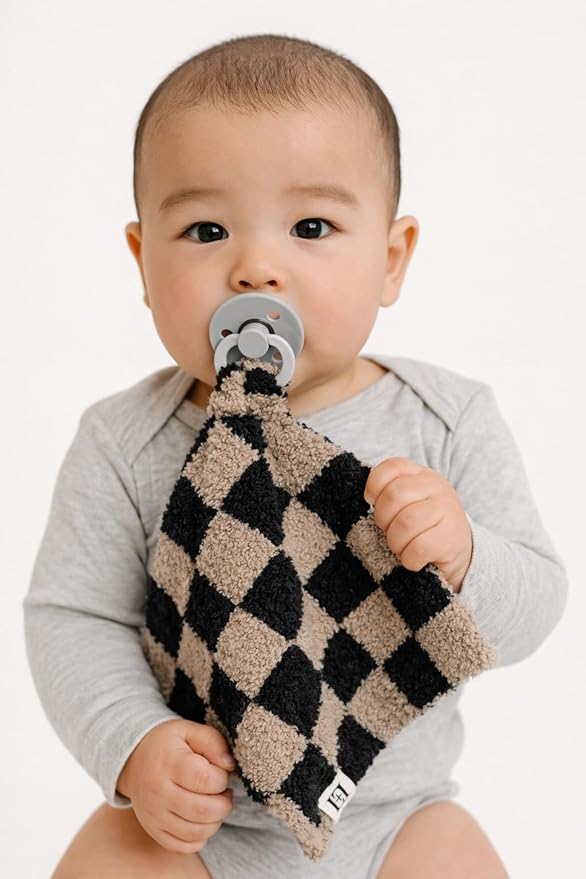 L+L USA Checkered Baby Lovey Pacifier/Teether Holder 10"x10" - DreamSoft Plush Fluffy Cuddly Soothie Reversible Mini Comfort Blanket - Cute Newborn Gift Essential for Babies Boys Girls (Black/Brown)