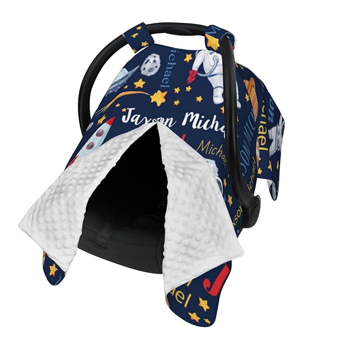 Personalized Baby Car Seat Canopy for Babies with Name, Custom Space Stroller Car Seat Covers for Boys Girls, Minky Nursing Carseat Cover for Breastfeeding, Car Seat Canopies for Infant Newborn