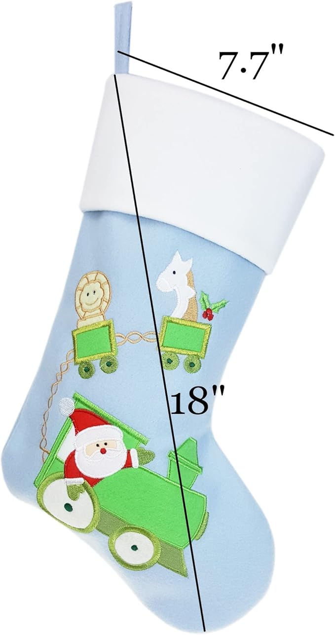DearSun Personalized Christmas Stocking for Baby Pink & Blue Gift Bags for Newborns (Blue Stocking with Train)