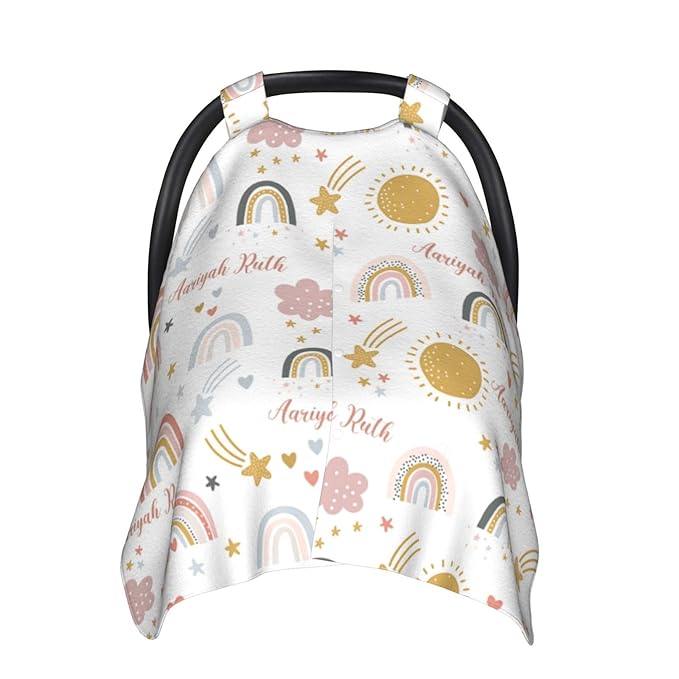 Personalized Baby Car Seat Canopy for Baby Girls, Custom Name Colorful Rainbow Baby Car Seat Covers for Babies, Opening Minky Nursing Breastfeeding Cover for Infant, Carseat Canopies for Newborn