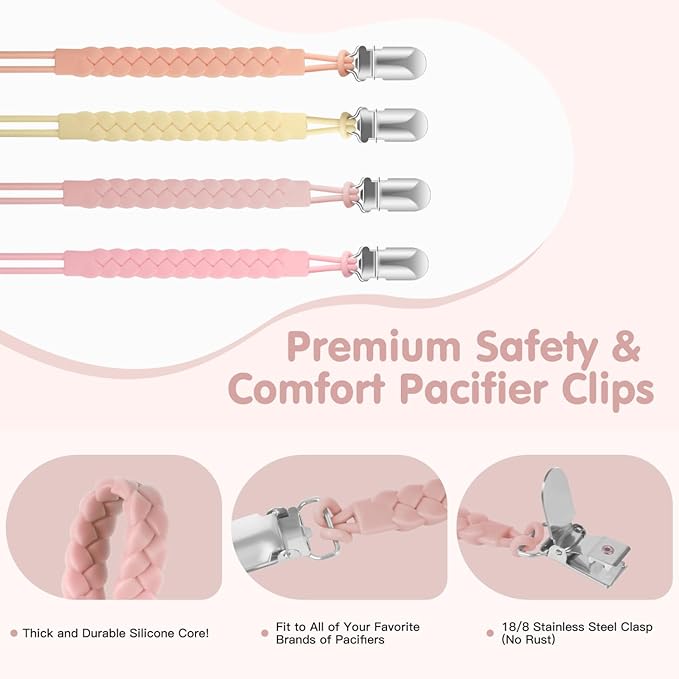 TenderBabe Silicone Pacifier Clip for Baby Girls and Boys, Pack of 6 Soft Flexible Paci Binky Clips with One-Piece Braided-Style Design,BPA-Free Baby Essentials