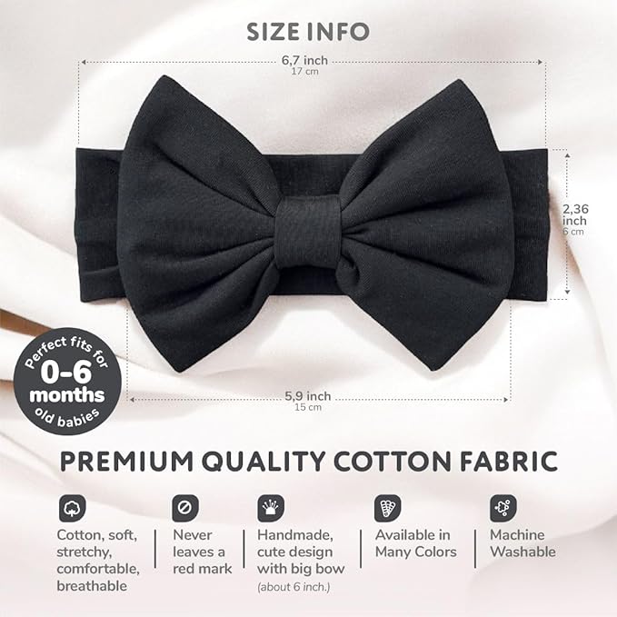 Newborn Baby Girl Headband 0–6 Months – Soft Cotton Big Bow Headband for Infants, Stretchy Baby Hair Band, 4.3" (11 cm) Bow, 2.4" (6 cm) Band (Black, 0-6 Month)