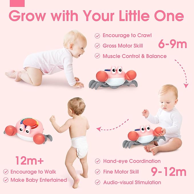 Musical Crawling Crab Baby Toy - Tummy Time Toys for 6-12 Months Boy Girl, Light-up Walking Dancing Moving Crab Toys for 1 Year Old Baby Educational Learning, Crawly Crab Gift for 12-18 Months Infant