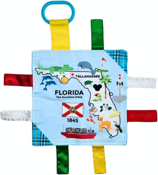 Baby Jack & Co 8x8” Learning Lovey Florida State Tag Stroller Toy for Babies - Crinkle Toys for Developing Five Senses - Learn About Capitals - Travel with Baby Jack - BPA Free Clip