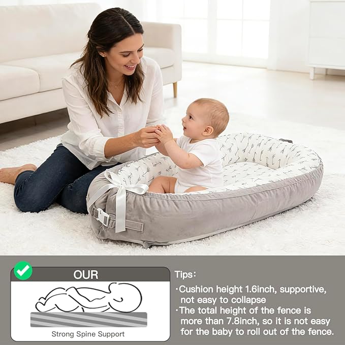 Baby Support Cushion | Organic Cotton Infant Floor Support Cushion | Reversible, Adjustable & Portable Floor Support | Soft, Breathable, Washable Cover (Grey Arrow)