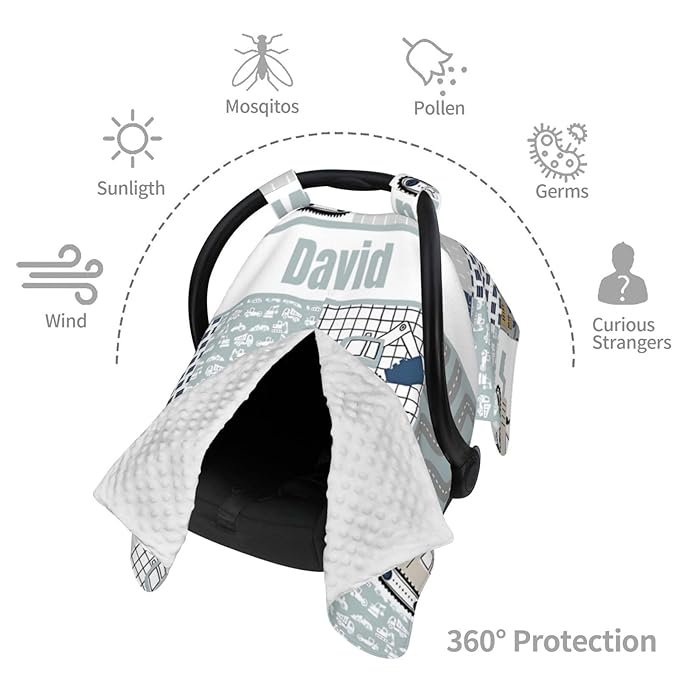 Personalized Baby Car Seat Canopy for Babies with Name, Custom Car Seat Covers for Boys Girls, Construction Nursing Breastfeeding Stroller Cover Infant Carseat Canopies for Newborn