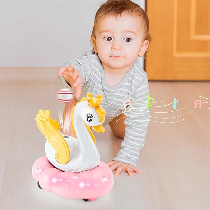 Baby Swan Musical Crawling Toy with Lights, Sounds, Blowing Ball, Infant Sensory Toys, Birthday Gifts for Kids Boy Girl 3 4 5 6 7 8 Years