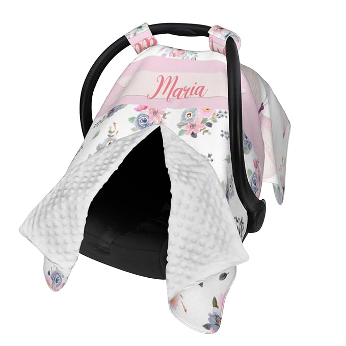 Personalized Baby Car Seat Canopy for Babies, Custom Name Car Seat Covers for Baby Girl, Floral Butterfly Opening Minky Nursing Breastfeeding Cover for Infant, Carseat Canopies for Newborn