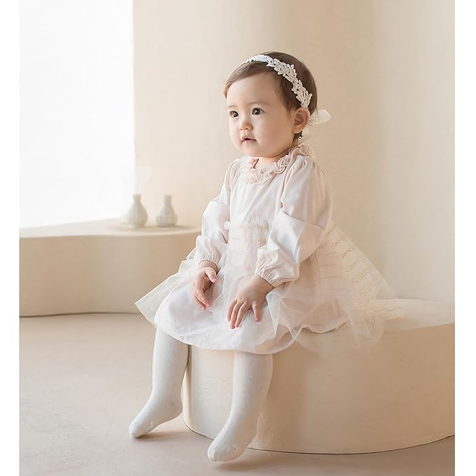 Baby Girls Hairband White Bow Lace Headbands Handmade Soft Stretchy Wide Head Band Newborn Hairbands with Bows Pearls Elastic Headband for Infant Hair Accessories（White Flowers）