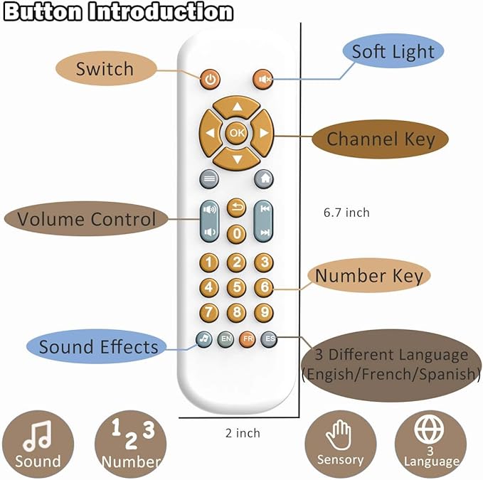 Baby TV Remote Control Toy with Light and Sound, Early Educational Music Toy with English/French/Spanish, Gift Toy for 6 Months+(White)