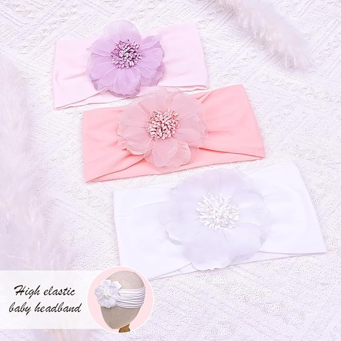 Large Flower Elastic headband for Baby Girl Infant Soft Fabric Chiffon Floral Hairband Toddler Newborn Christening Baptism Hair Accessories (Flower 2 - Pink, Elastic)