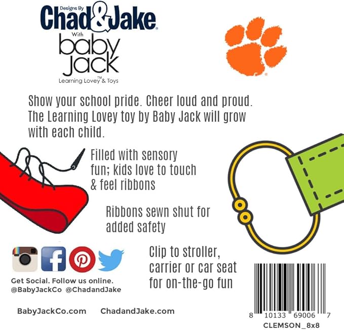 The Learning Lovey Clemson University Baby Tag Toy - College Baby Sensory Crinkle Toys - Soft & Safe - Ideal Baby Stroller Toy - BPA Free w/Stroller Clip (8" x 8" Tag Toy)