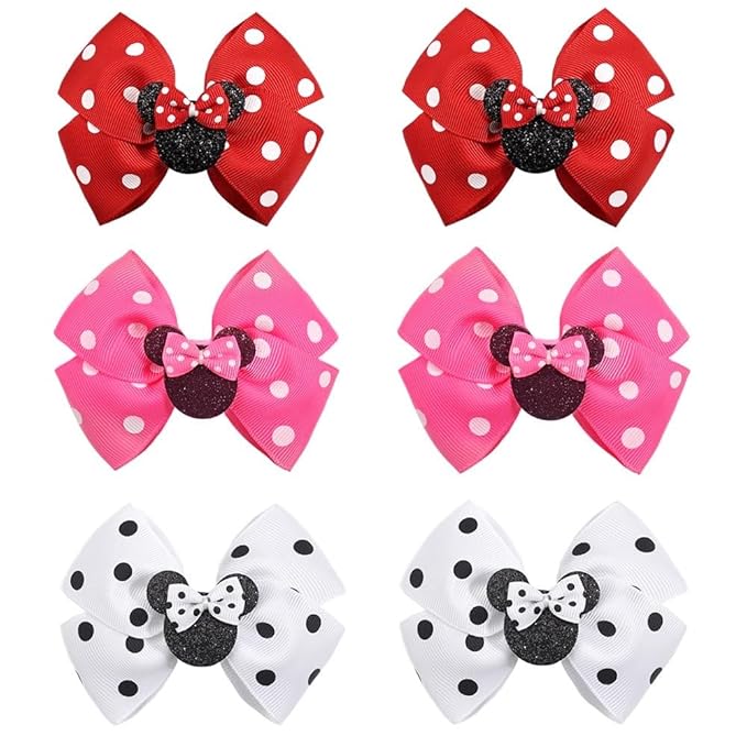 3 Pairs Red White Mouse Ears Hair Bows Clips 4 Inches Hair Bow Cute Mice Ears Toddler Hair Accessories for Women Girls for Birthday Party Favor Halloween Christmas Decoration