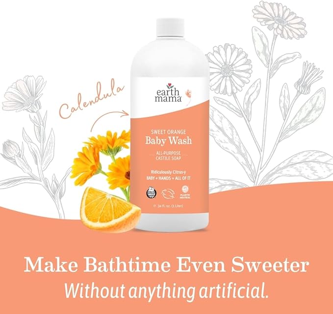 Earth Mama Sweet Orange Baby Wash Liquid Foaming Hand Soap Refill, Organic All Purpose Body Wash for Sensitive Skin, Castile Soap with Coconut Oil, Shea Butter, Calendula, & Aloe, 34 fl oz