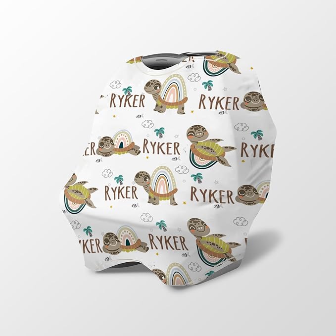 Personalized Baby Car Seat Cover Stroller Canopy: Custom Name Newborn Baby Boy Girl Elastic Turtle Nursing Cover for Moms First Birthday Gift Green(one Size)
