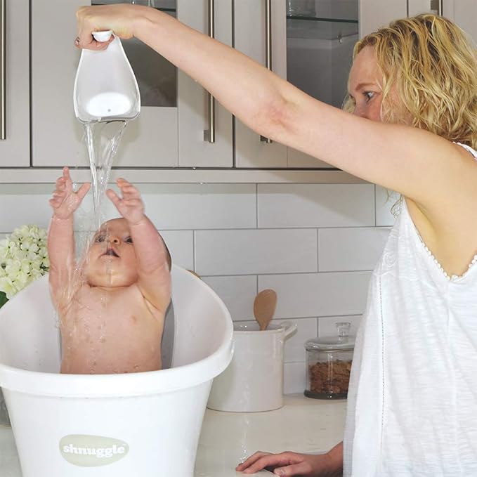 Shnuggle Bath Rinse Jug | Soft Rim Baby & Toddler Shampoo Rinser | Bath Hair Rinsing Cup | Hair Wash Jug with Handle | Essential Bath Accessories | White/Grey
