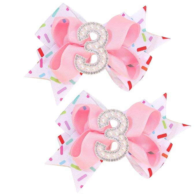 Birthday Pearl Hair Bow Clips for Baby Girls - 2Pcs Sweet Pink Hair Clips Number 3 Made of Many Small pearls for 3rd Birthday Bow Party Decorations for Girls Toddlers Hair Accessories