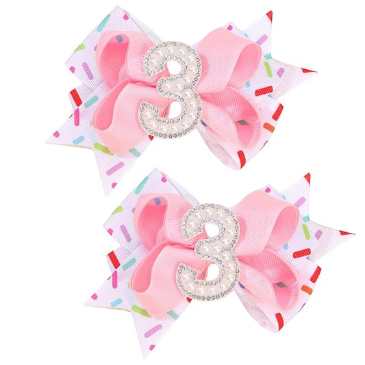 Birthday Pearl Hair Bow Clips for Baby Girls - 2Pcs Sweet Pink Hair Clips Number 3 Made of Many Small pearls for 3rd Birthday Bow Party Decorations for Girls Toddlers Hair Accessories
