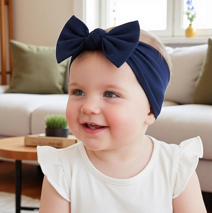 Baby Girl Headbands 0–6 Months – Newborn Infant Soft Cotton Handmade Bow Headband, Stretchy No Mark Baby Hair Accessories (Navy Blue, 0-6 Month)