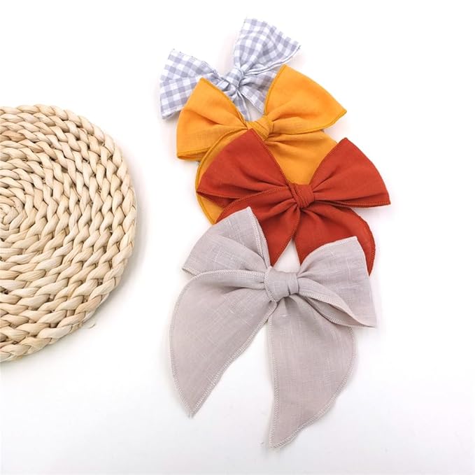 Pack of 4 Gorgeous Fable Bow Hair Clips for Girls Women Linen Hair Bow Alligator Clips Toddler Baby Mom Young Girl Hair Accessories (Rust/Beige)