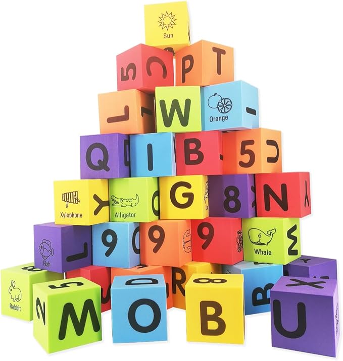 MOBU Foam Building Blocks for Toddlers,30 pcs 2-inch Alphabet Letters Number Blocks with Storage Bag, Learning ABC, 123 Stacking Blocks for Kids