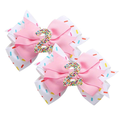 2 Pack 2nd Birthday Hair Bow for Baby Girls, Pink Hair Clips Hair Accessories for Girls 1 2 3 4 5 6 Years Birthday Confetti Ice Cream Party Supplies Decorations