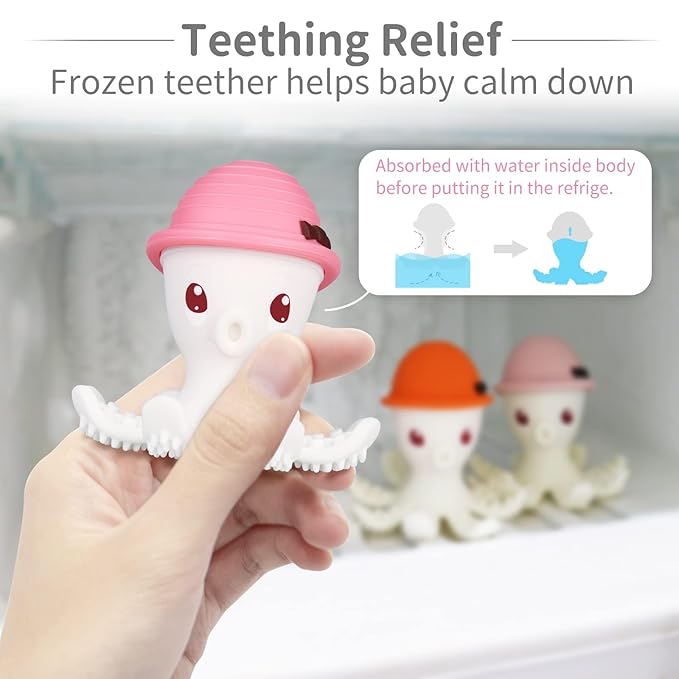 Mombella Octopus Squishy Silicone Teethers for Infants 3-18 Months, Baby Teething Toys, Perfect for Girl's Baby Shower Registry