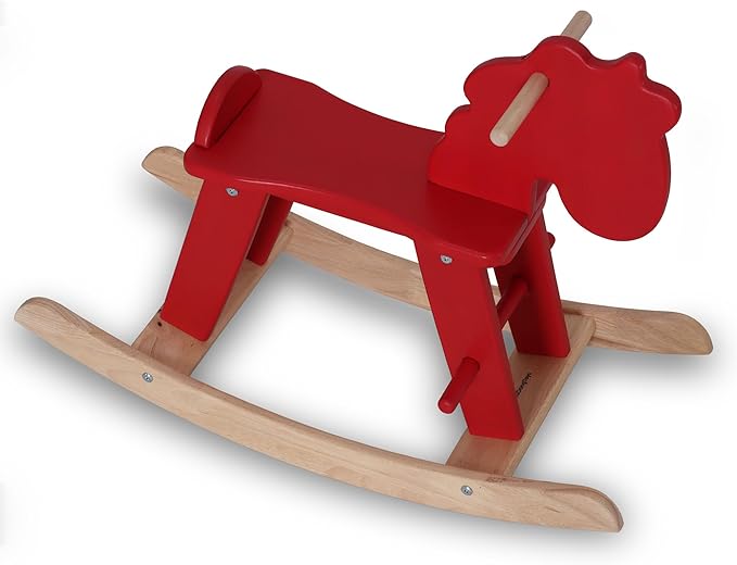 Red Wooden Rocking Horse for Preschool (Ages 3-6) - Solid Rubber Wood, Safe & Comfortable Footrest, Supports Physical & Cognitive Growth, Vintage