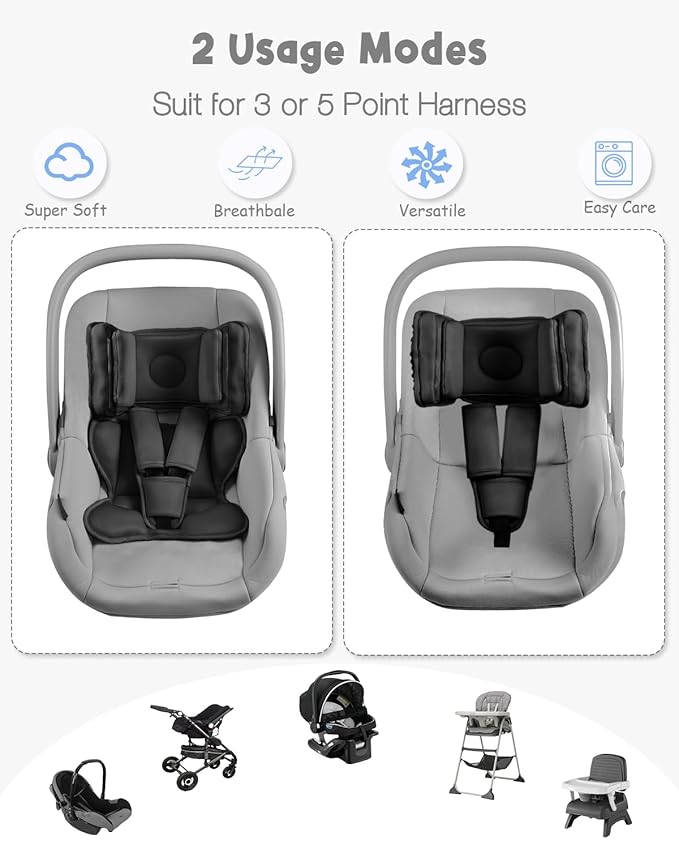 Infant Car Seat Insert with 2 Headrest for Doona|Graco, Thickened Baby Car Seat Head Support for Newborn, Reveable Baby Car Seat Cushion for Side Impact Protection, Black