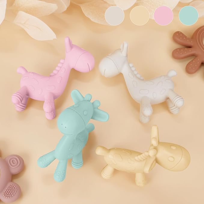 TYRY.HU Baby Teething Toys for Babies 0-6 6-12 Months,BPA Free Silicone Giraffe Teethers Toys, Soft-Textured Chew Toys, Montessori Sensory Toys for Boys Girls Teething Relief, 4 Pack