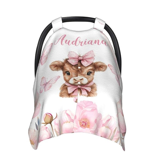 Personalized Baby Car Seat Canopy with Name – Custom Highland Cow Pink Minky Nursing Cover for Girls, Soft Stroller Cover for Infants & Newborns, Carseat Canopy for Breastfeeding