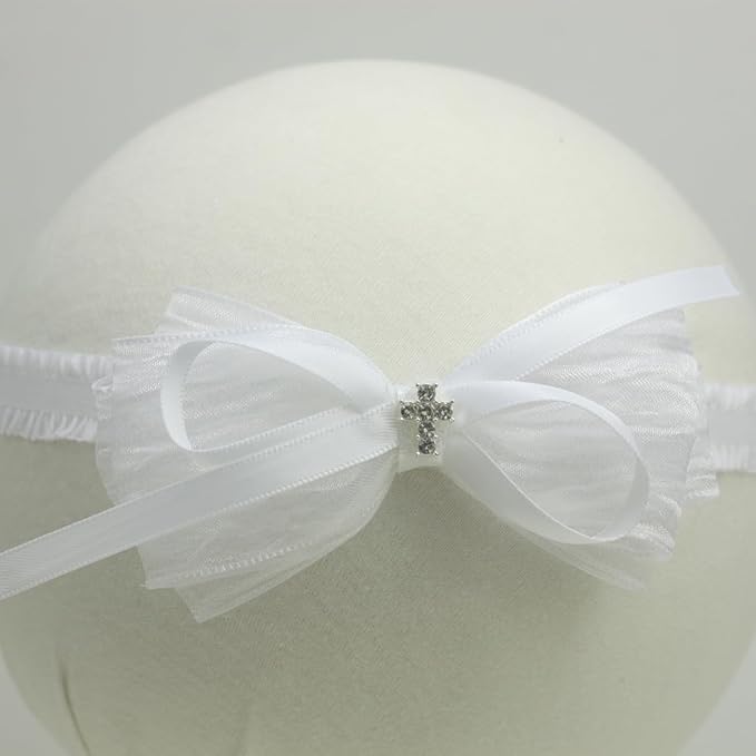 Nihao Baby White Organza Bow Headband for Toddler (0-6 months) - Handmade Bow for Baptism, Christening, First Communion, Weddings, Baby Shoots, Birthdays and more