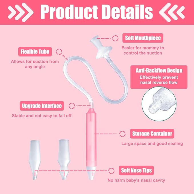 Nasal Aspirator for Baby, Nasal Congestion Relief Nose Cleaner with 2 Silicone Tips 25 Hygiene Filter for Babies Infants Toddlers Boys Girls (Pink)