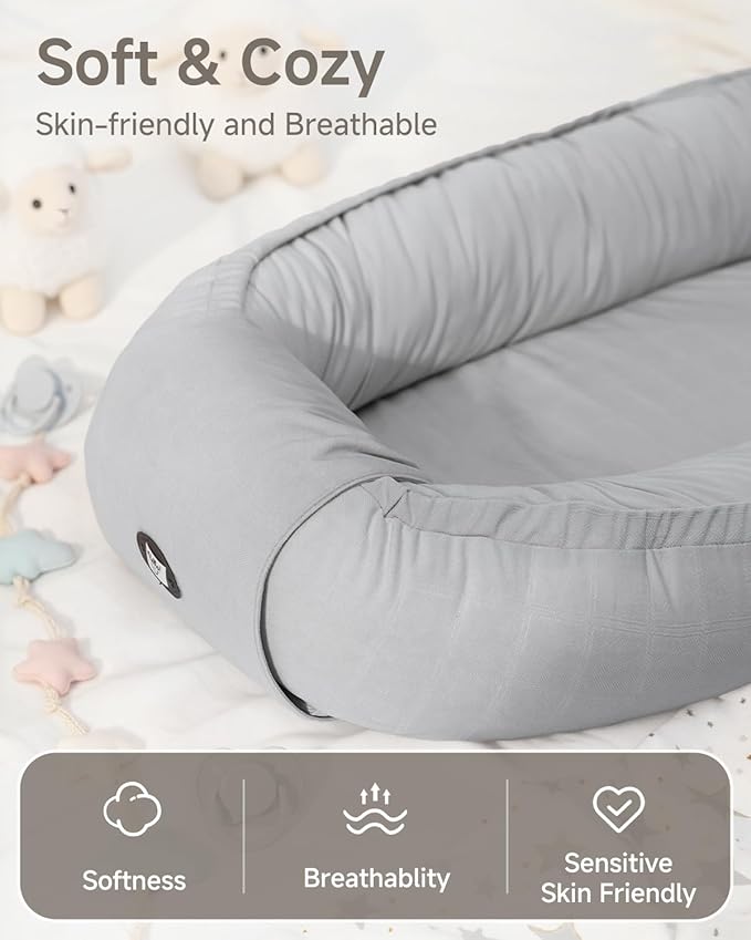 Baby Lounger, Adjustable Baby Lounger for Newborn 0-24 Months, Breathable & Soft Infant Lounger,Tummy Time Lounger for Home and Travel,Baby Girls & Boys Babies Stuff, Mother's Day Gift for Her, Grey