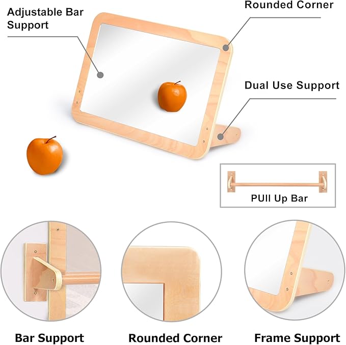 Montessori Baby 2-in-1 Shatterproof Safety Mirror with Pull-Up Bar - Infant Wall Mount & Floor Play for Tummy Time (6 Months+)