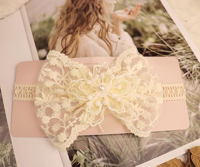Lace Big Bow Baby Girls Headband Floral Hair Band Toddlers Newborn Infants Christening Baptism Party Hair Accessories for 0-36 Months Elastics Hairband (Style 8)