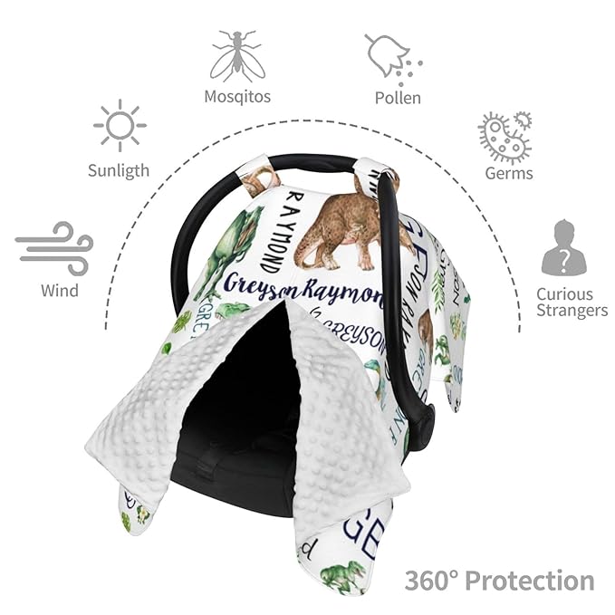 Personalized Baby Car Seat Canopy for Babies with Name, Custom Dinosaur Stroller Car Seat Covers for Boys, Minky Nursing Carseat Cover for Breastfeeding, Car Seat Canopies for Infant Newborn